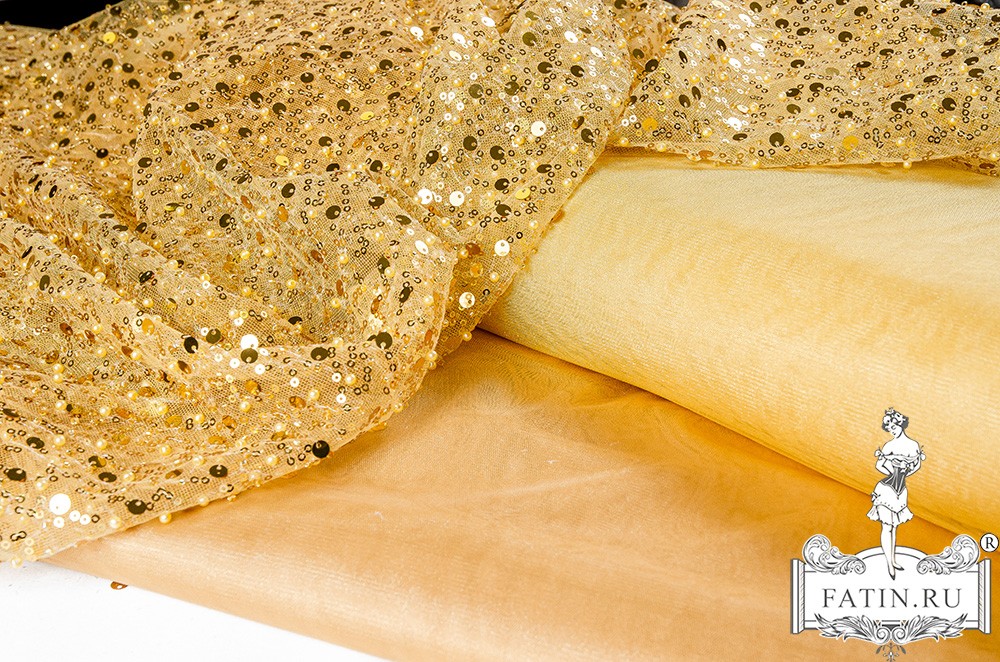 SALE!!! Ткань с пайетками, бисером и жемчугом, цвет золото - 0,3 м (1-4961)